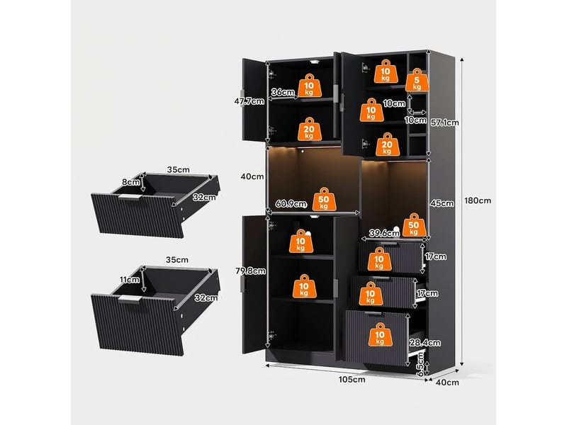  Armoire de cuisine haute noire 180 cm buffet avec éclairage led et prises  - Conforama E