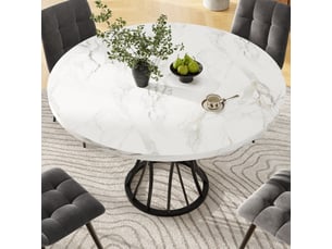 Table à manger d80xh76cm, table ronde avec motif de marbre, plateau en mdf, pied en métal, blanc + noir