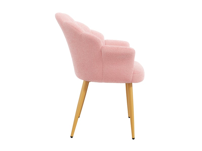 Lot de 6 fauteuils de salle à manger avec dossier pétale, accoudoirs, coussin nœud et pieds en métal doré, tissu bouclette teddy, rose evarich - Conforama E