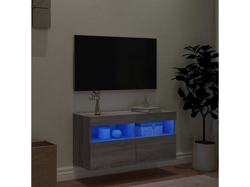  Meuble tv - banc tv - meuble de rangement mural avec lumières led sonoma gris 80x30x40 cm  - Conforama D