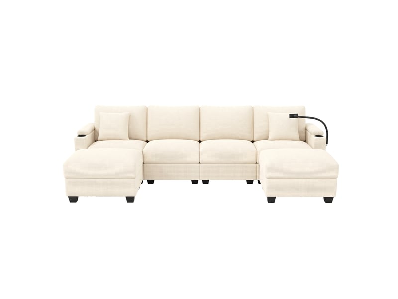Canapé modulaire en u 6 places 275,5x139 cm – beige – velours côtelé, usb-c et rangements pratiques - Conforama D