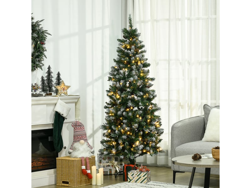  Sapin de noël artificiel lumineux 703 branches 250 led 30 pommes de pin support pied pliable hauteur 180 cm ø 80 vert  - Conforama B