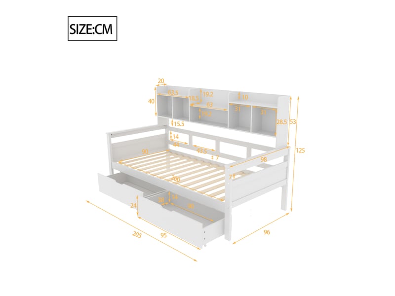 Lit 1 place 90x200cm, canapé lit avec compartiments, 2 tiroirs de rangement et sommier, mdf blanc, sans matelas - Conforama D