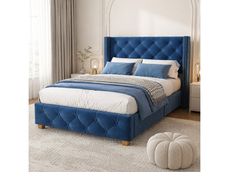  Lit simple 90x200 cm en velours bleu avec sommier à lattes et tête de lit  - Conforama C