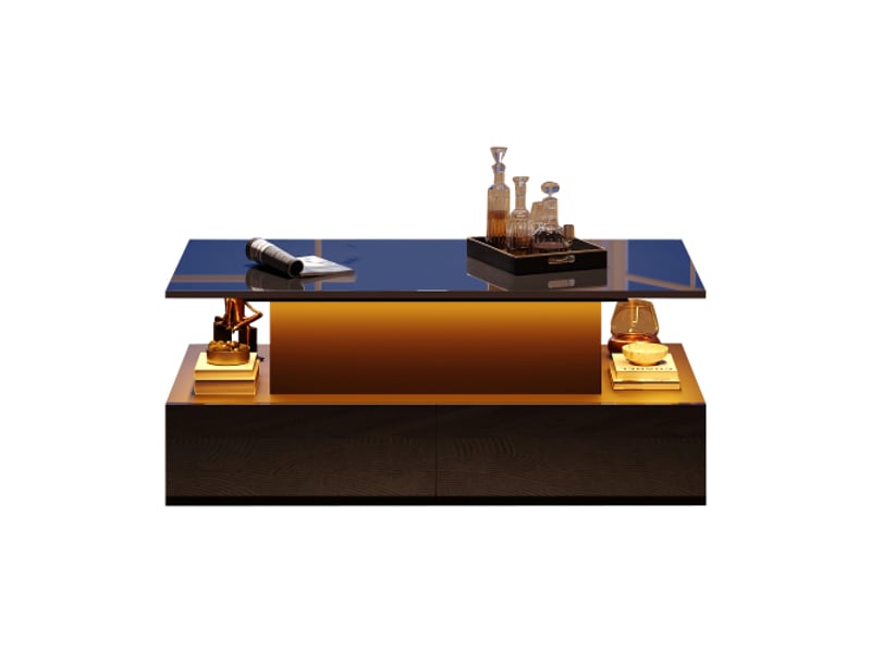  Table basse moderne noire laquée avec éclairage led et 4 tiroirs, idéale pour les salons élégants  - Conforama A