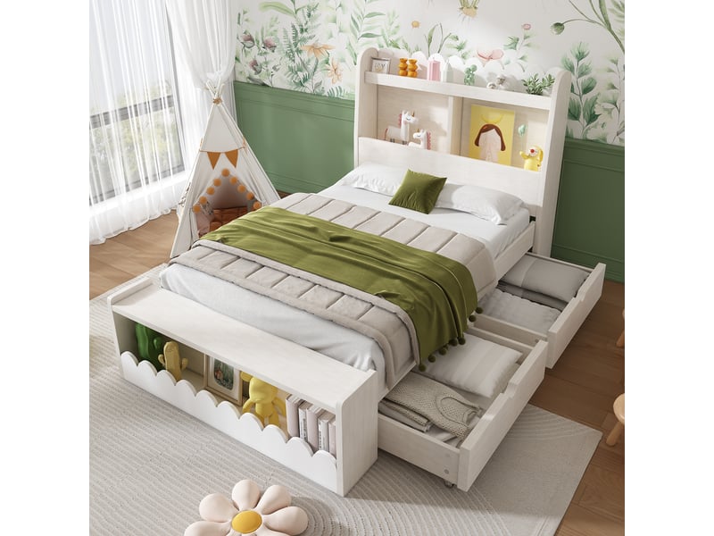  Lit enfant 90x200 cm – lit simple avec rangement et banc – sans matelas – mdf – blanc chêne votan  - Conforama B