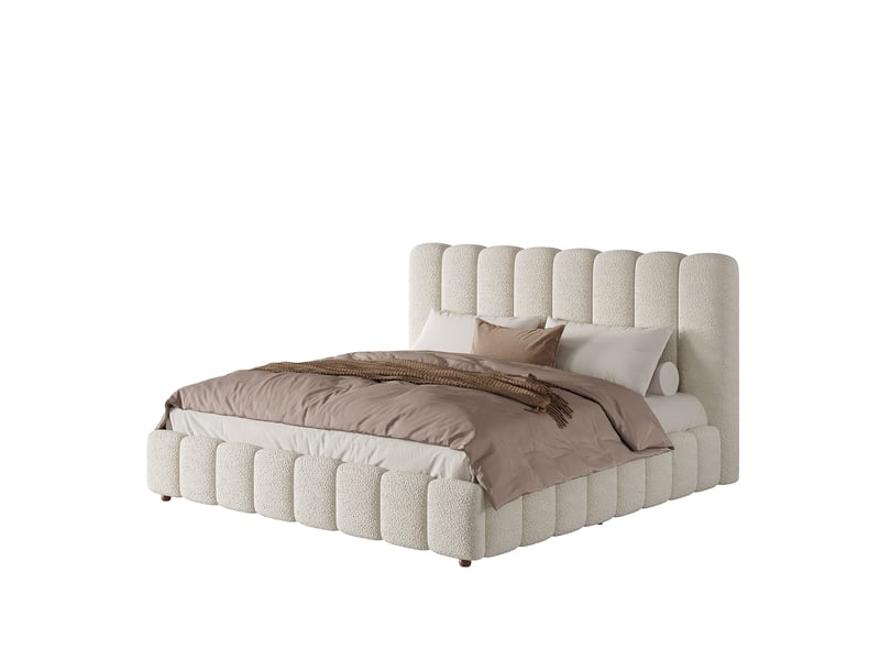 Lit rembourré 160 × 200 cm 2 places avec tête de lit à rayures, sommier inclus, sans matelas, en bouclé blanc - Conforama A