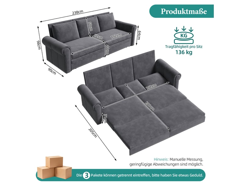 Canapé droit convertible 3 places en velours gris, 3-en-1 avec couchage, accoudoirs roulés et clous décoratifs - Conforama C