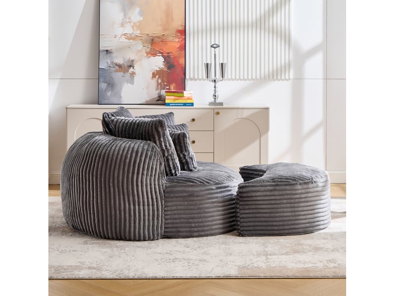  Fauteuil lounge rond avec repose-pieds en chenille gris foncé, 168 x 123 cm  - Conforama E