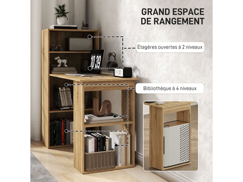  Bureau informatique avec étagère de rangement bureau d'angle adjacente bibliothèque multi-rangements chêne  - Conforama E