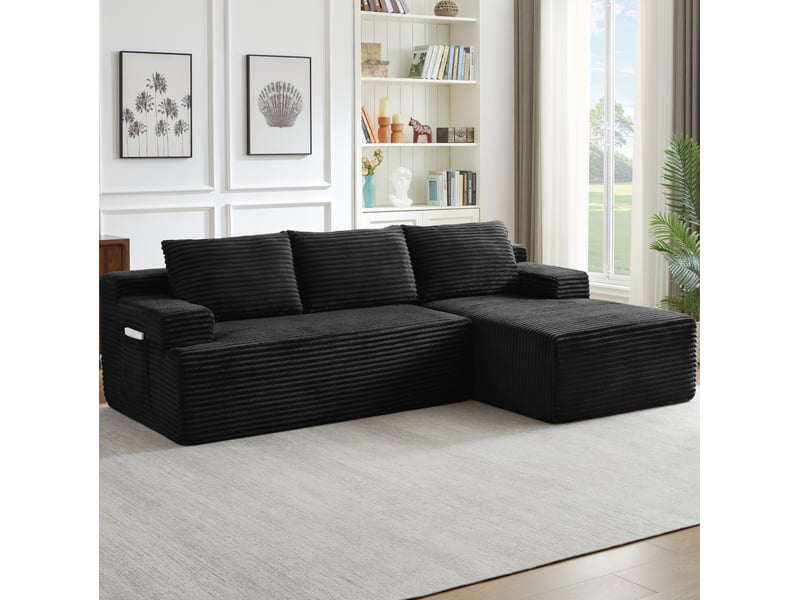  Canapé d’angle convertible 4 places en velours côtelé noir, modulable, sans montage, confort profond  - Conforama E