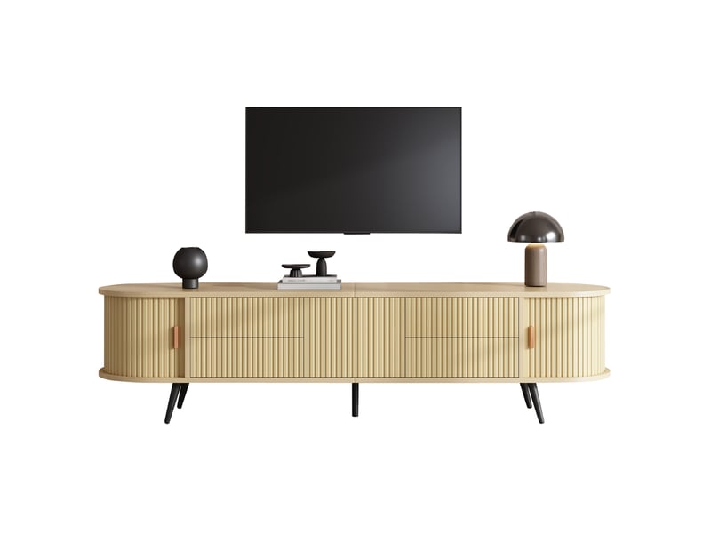  Meuble tv ovale avec 4 tiroirs, porte à rideau et rangement, en mdf naturel à poser au sol pour salon 180 × 40 × 45 cm  - Conforama A