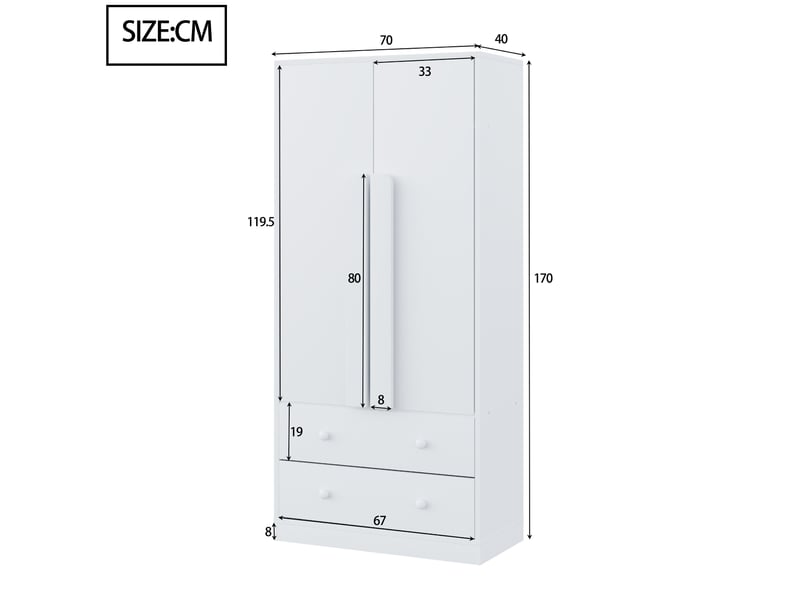  Armoire adulte 70x40x170 cm, 2 portes, 2 tiroirs, espace de rangement, bois et mdf, meuble de chambre, moderne, blanc  - Conforama C
