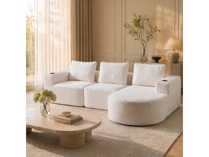 Canapé droit 2 places avec 3 coussins et 2 porte-gobelets - tissu polyester beige 265 × 176 × 60 cm