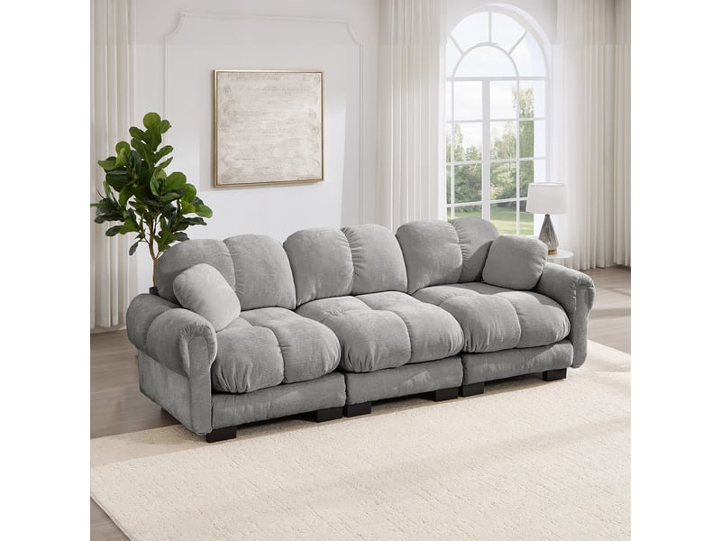  Canapé 3 places en chenille gris clair avec design matelassé et 2 coussins décoratifs SF20260031031 - Conforama E