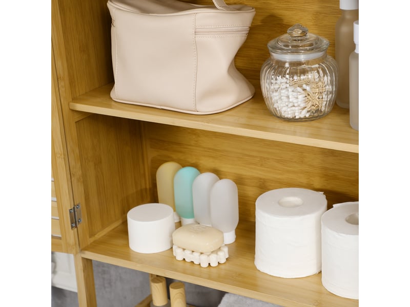  Étagère de toilettes meuble de salle de bain dessus toilette wc avec placard 2 portes et ouverte étagère 60 x 23 x 173 cm bambou  - Conforama W