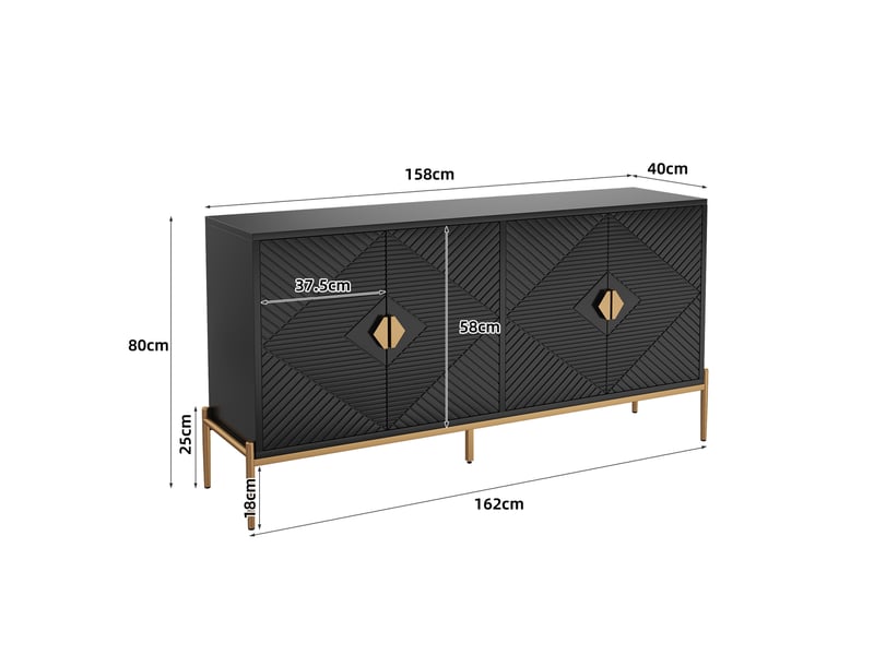  Buffet bas 4 portes noir avec motifs géométriques et détails dorés, 162 x 40 x 80 cm  - Conforama E