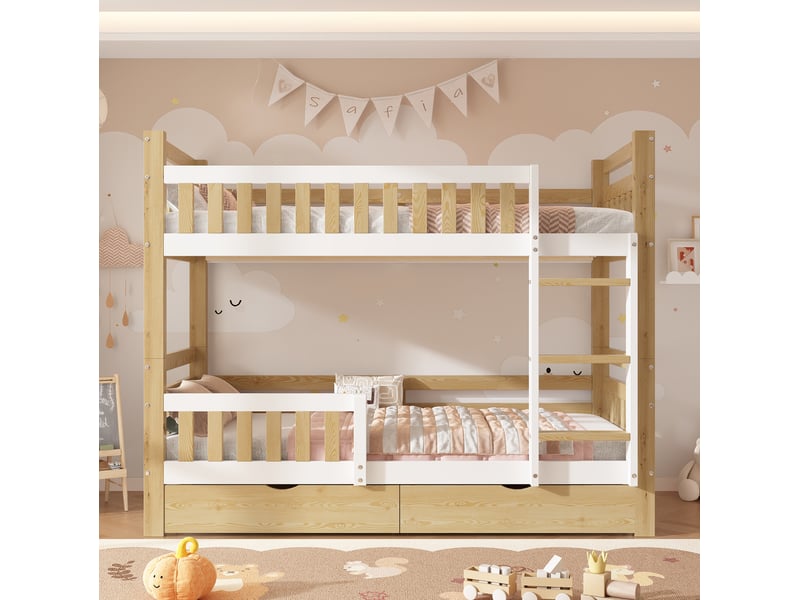  Lit superposé enfant 90x200 cm blanc bois, séparable en deux lits, 2 tiroirs et échelle intégrée  - Conforama B
