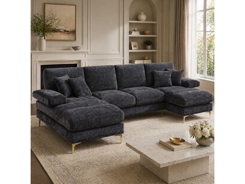 Canapé panoramique en u 4 places avec double méridienne, coussins et pieds en métal, en chenille gris 272 × 136 × 88 cm - Conforama B