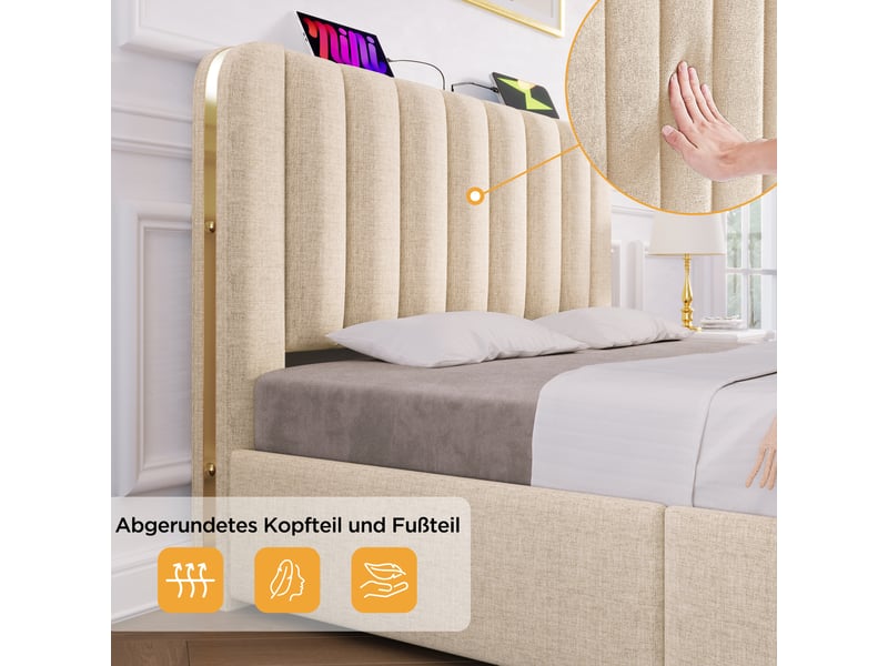  Lit coffre, lit enfant 90x200 cm, usbusb-c, matelas inclus, lin beige  - Conforama D