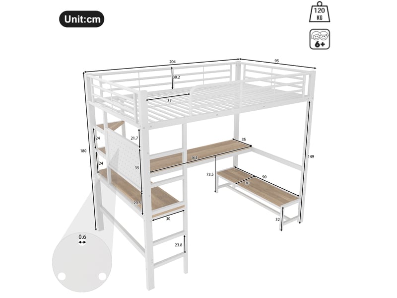  Lit mezzanine 90x200 cm avec bureau, led et prise usb type c en métal et mdf blanc  - Conforama E