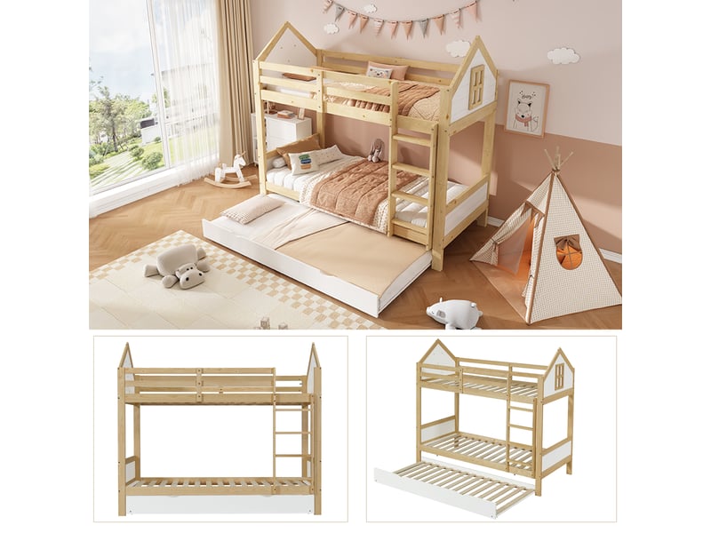  Lit superposé enfant 90x200 cm - avec lit gigogne - avec échelles et garde-corps de sécurité - bois massif + mdf - blanc (sans matelas)  - Conforama W