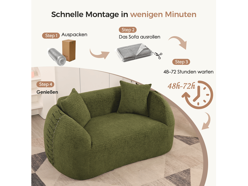  Canapé 2 places courbe 155x90 cm – vert – chenille, 2 coussins, lacets latéraux, aucun assemblage requis  - Conforama B
