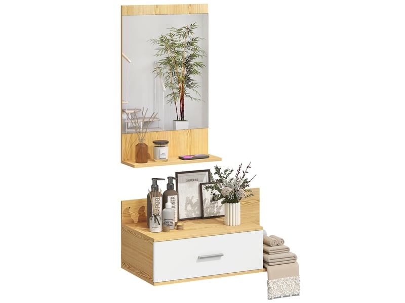  Ensemble pour hall d'entrée comprenant un miroir, une étagère et un meuble mural avec tiroir et deux étagères ouvertes, en bois et verre.  - Conforama B