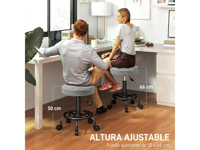  Tabouret pivotant rond avec roulettes et hauteur réglable de 50 à 66 cm avec assise en tissu effet mouton gris  - Conforama E