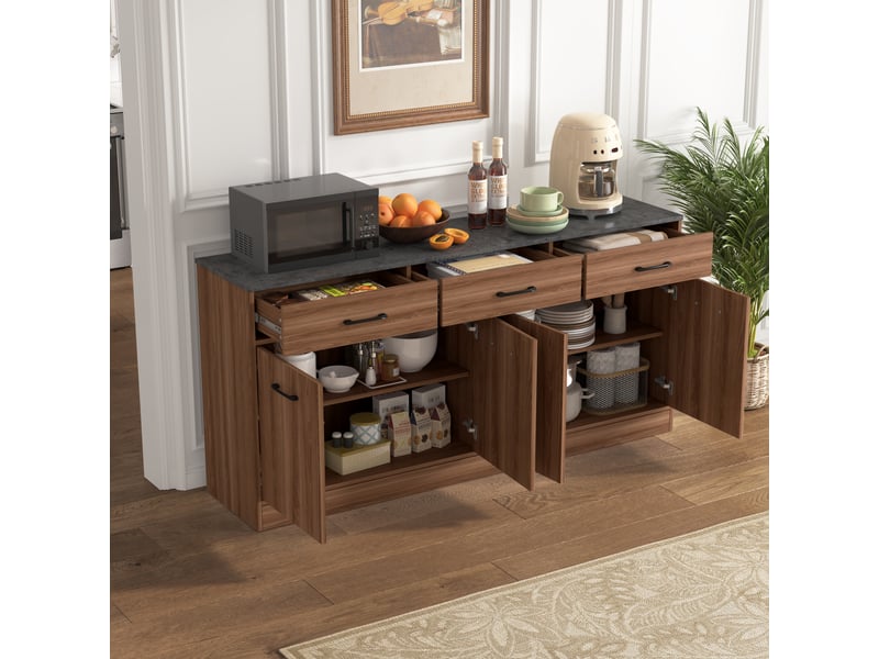Buffet large 160 cm pour cuisine ou salon, hauteur 76,5 cm, profondeur 37 cm, avec 3 tiroirs et rangements - Conforama W