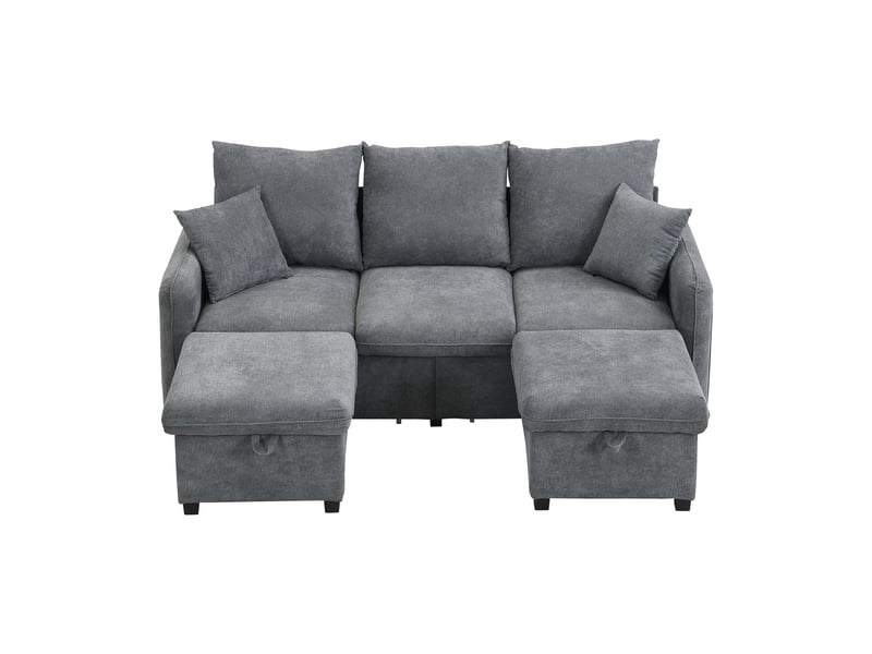 Canapé d'angle modulable 3 places en tissu chenille, 2 poufs à rangement, convertible en l ou en lit - Conforama A