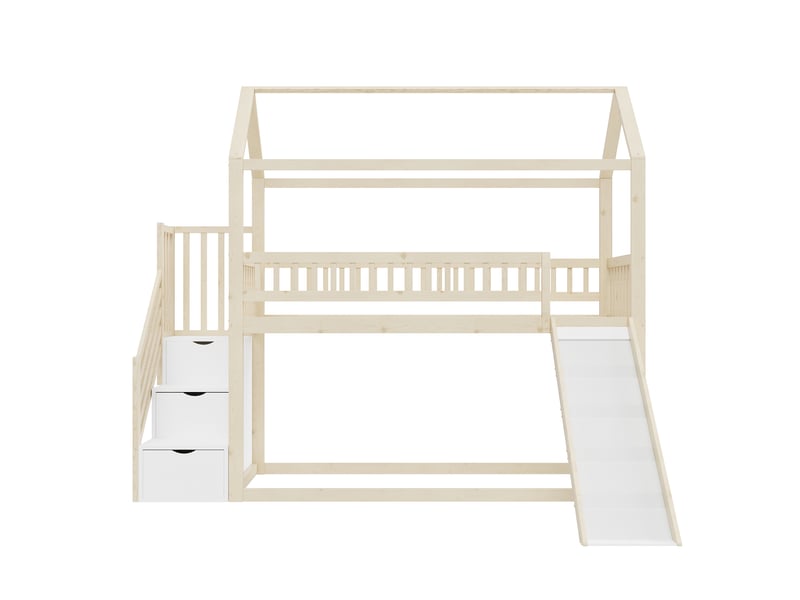  Lit mezzanine enfant 90x200 cm en bois massif, lit avec toboggan et escalier de rangement, barrière de sécurité, couleur bois naturel.  - Conforama A