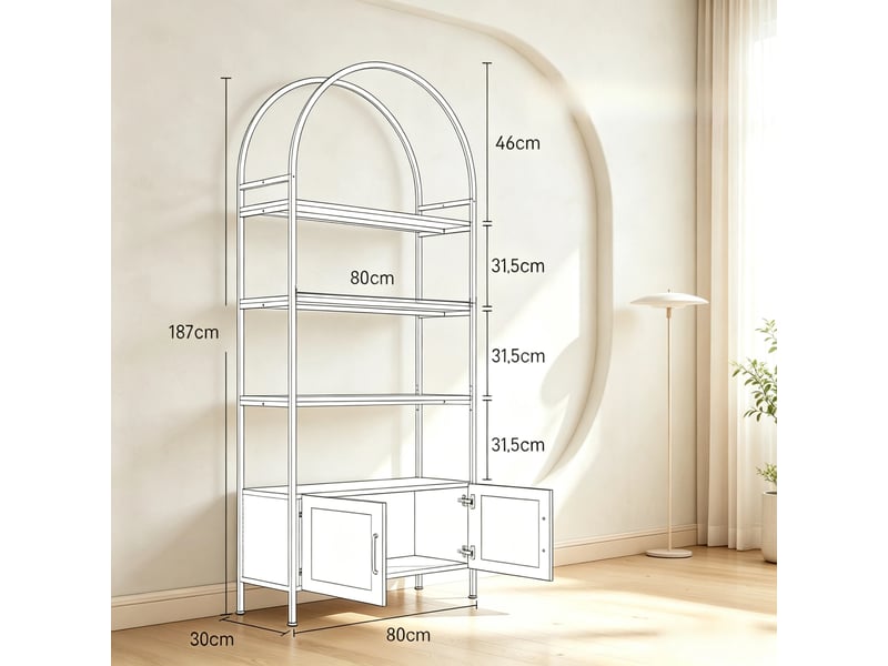  Bibliothèque arquée 4 niveaux avec armoire à double porte, rangement pour salon et bureau  - Conforama C