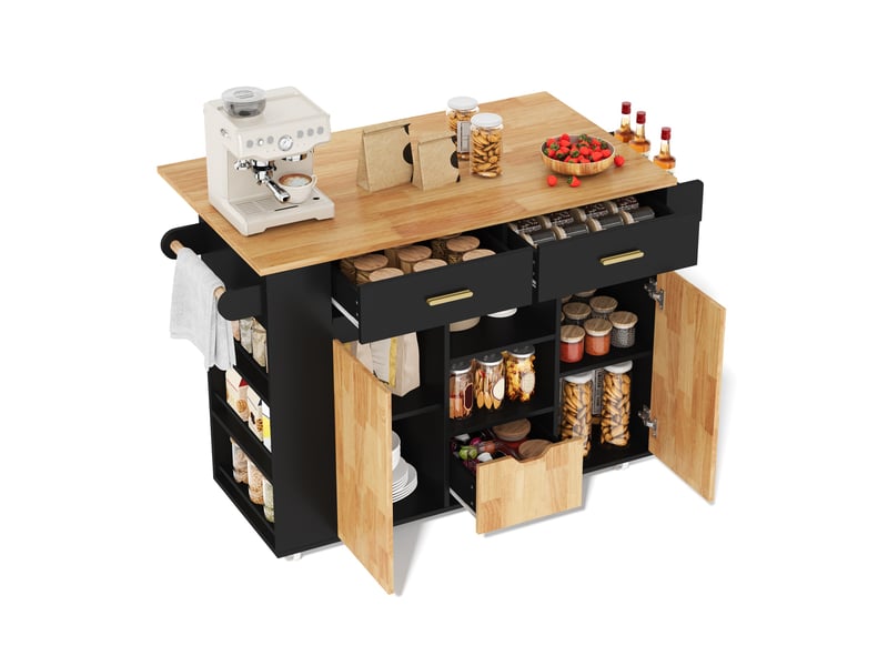 Îlot de cuisine mobile 120 x 4571 x 90 cm avec plateau rabattable, 3 tiroirs, étagères et roulettes, noir et bois - Conforama A