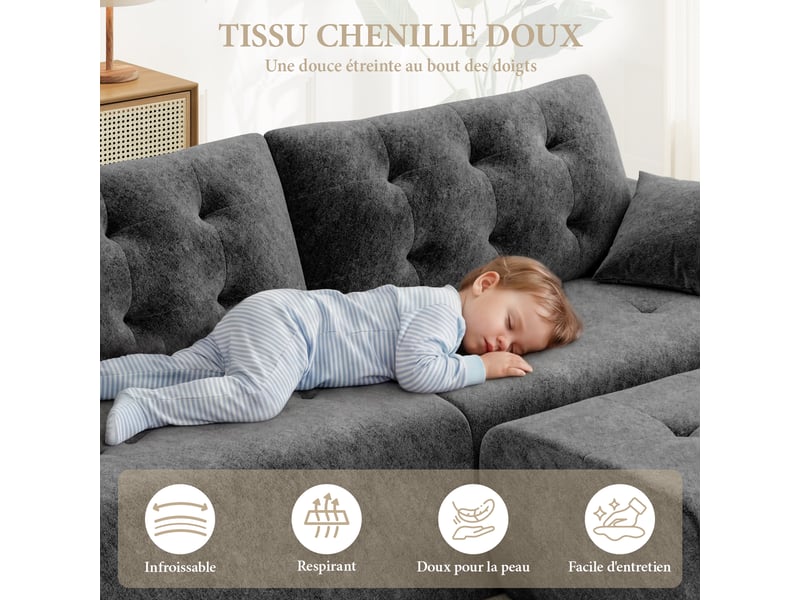  Canapé modulable en chenille gris mousse haute densité avec pouf,canapé salon 275cm style nuage confortable,compressé sans montage 275x174x66CM - Conforama D
