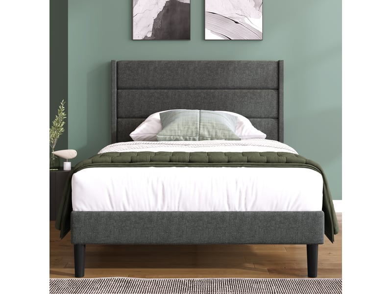  Modenvie lit simple capitonné 90x200 cm - tête de lit rembourrée, sommier inclus - gris foncé  - Conforama D