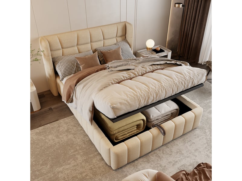  Lit coffre 140 × 200 cm en tissu effet lin beige, tête enveloppante IKSETERA TRADING LTD - Conforama E