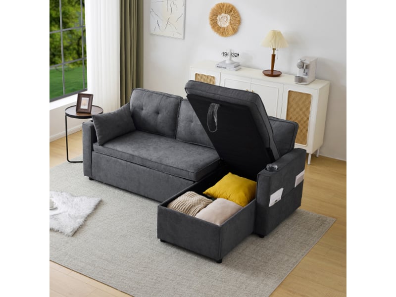 Canapé d'angle réversible convertible 3 places coton et lin gris coffre de rangement canapé d'angle gris - Conforama E