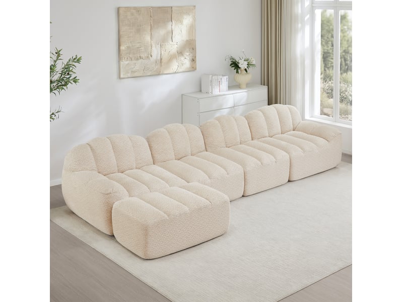  Canapé modulable 4 places en tissu bouclette beige blanc avec pouf, assise profonde et mousse haute densité  - Conforama B