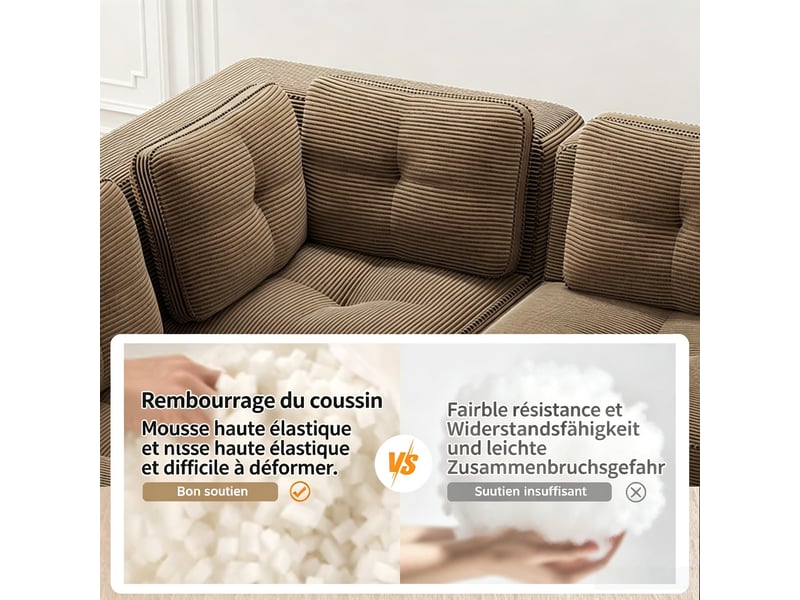  Canapé modulable en u avec ottomane, configuration modulable et fonction couchage, 69 × 386 × 104 cm, marron  - Conforama E