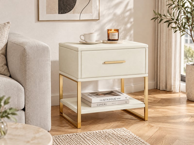  Lot de 2 tables de chevet en velours, table de nuit rembourrée avec 1 tiroir - étagère ouverte - pieds et poignée en métal doré, table d'appoint style moderne chic pour chambre à coucher, beige  - Conforama B