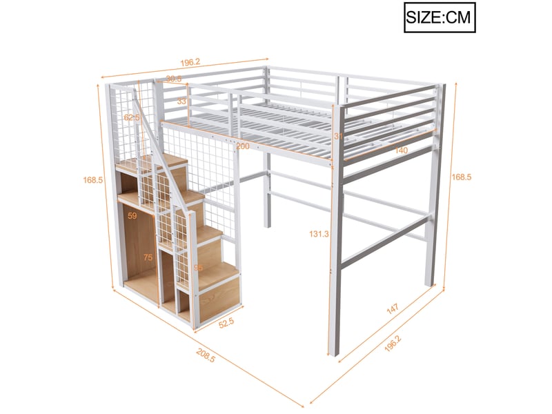 Lit mezzanine 140 × 200 cm 2 places avec rangement, étendoir et escalier sécurisé, sans matelas, blanc - Conforama D