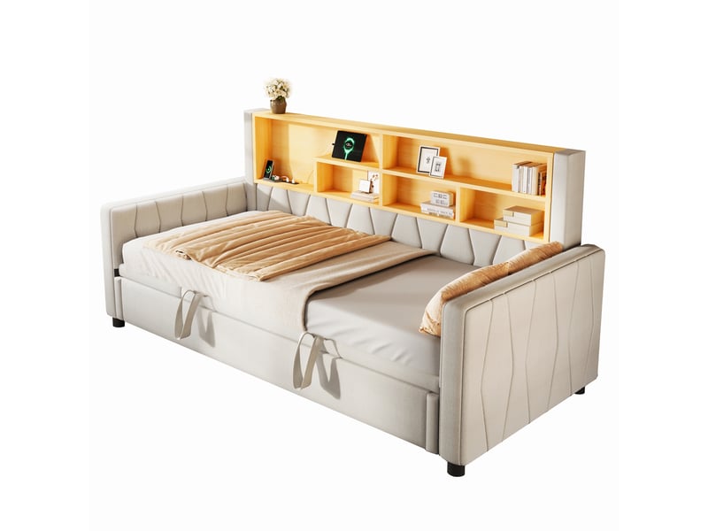 Lit banquette extensible 90 x 200 à 180 x 200 cm avec led multicolore et ports usbtype-c, sans matelas, lin et mdf - beige OMNIGLINT TRADING LTD - Conforama A