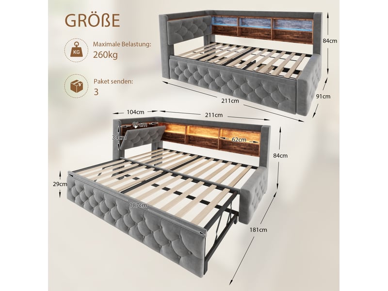  Lit extensible, 90x190 cm, doté d’un espace de rangement, led, usb et type c, matelas non inclus, tissu, coloris gris  - Conforama C