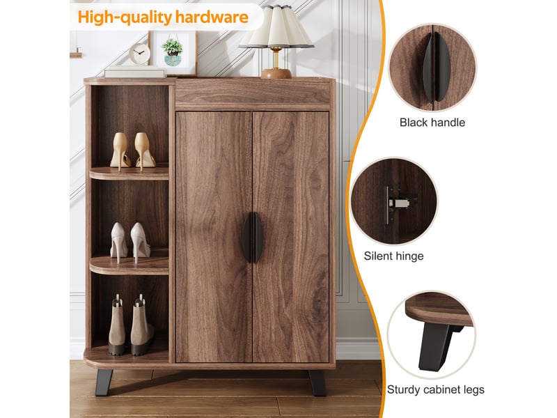  Meuble à chaussures étroit 80x32x99 cm, meuble de rangement entrée avec portes abattantes et étagères ouvertes, design noyer  - Conforama R