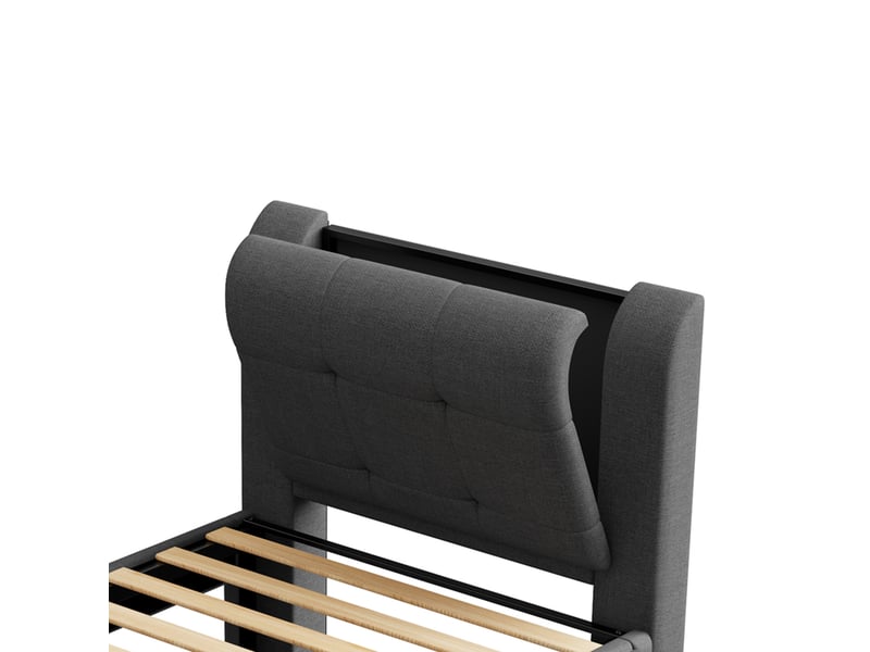 Lit rembourré 90x200cm avec lit gigogne (plat ou surélevé), éclairage led, gris  - Conforama E