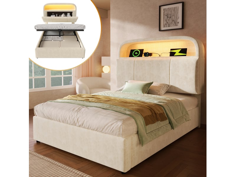  Lit coffre 90 × 200 cm 1 place avec led réglable, usb, type-c et tête de lit avec rangement, matelas inclus, beige  - Conforama C