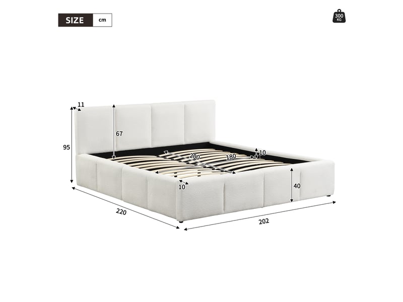  Lit double minimaliste 180x200 cm avec rangement, sommier à lattes, style moderne, tissu bouclette beige, sans matelas  - Conforama C
