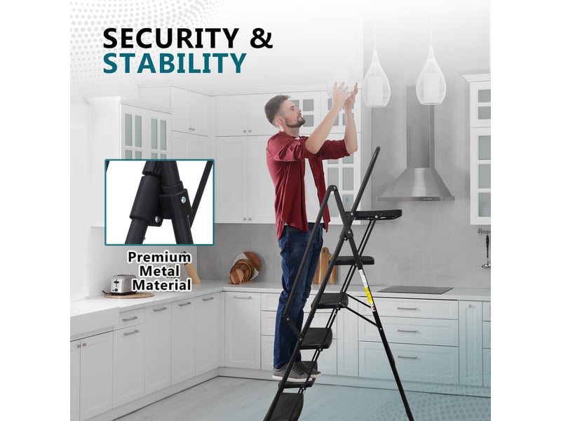  Escabeau 5 marches pliant avec plateau porte-outils amovible, acier, noir  - Conforama W