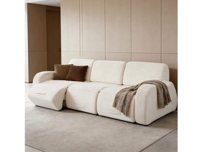  Canapé d'angle modulable convertible en lit 3 places sans montage avec structure compressée, en velours côtelé beige  - Conforama C